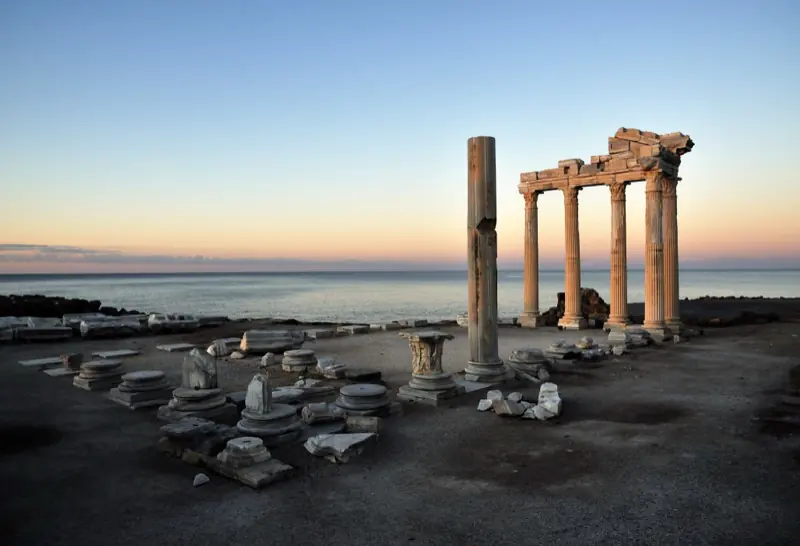The columns of the Temple of Apollo above the shore at Side